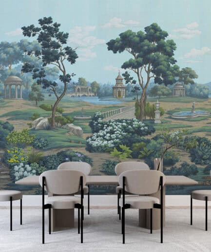 Klasik Avrupa Bahçesi Manzaralı Duvar Kağıdı – Pastel Tonlarda Romantik Peyzaj Tasarımı