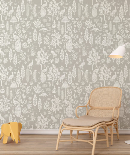 Vintage Kuş Bahçesi – Minimal Kuş ve Ağaç Motifli Duvar Kağıdı