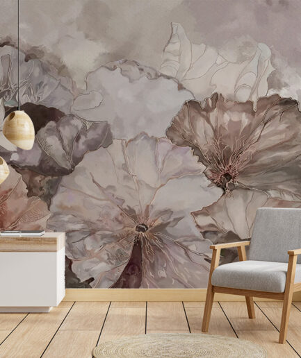 Lotus Çiçekleri ve Yaprak Detaylı Duvar Kağıdı – Naturel Sanat Deseni