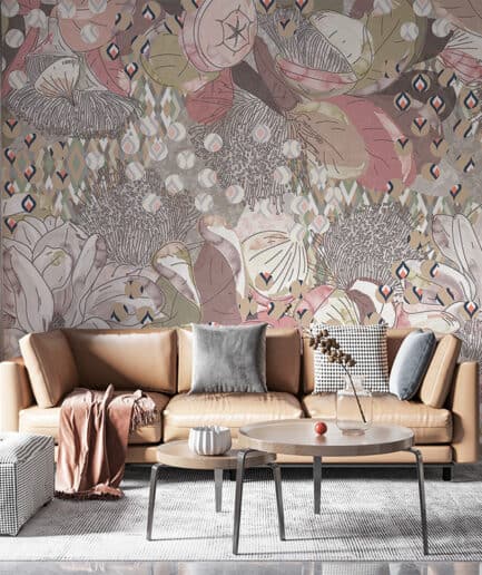 Pastel Tonlarda Modern Çiçek Desenli Duvar Kağıdı – Soyut Stil