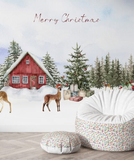 Yılbaşı Geyikli Kış Manzaralı Dijital Poster - Noel Temalı Duvar Kağıdı