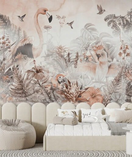 Flamingo ve Papağan Temalı Tropikal Orman Duvar Posteri - Modern Duvar Kağıdı
