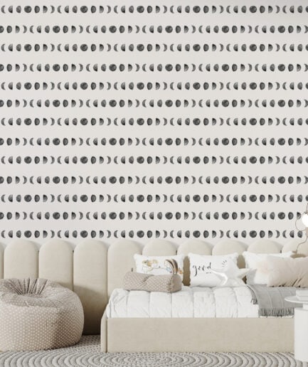 Minimalist Ay Evreleri Desenli Duvar Kağıdı – Modern Astro Dekorasyon
