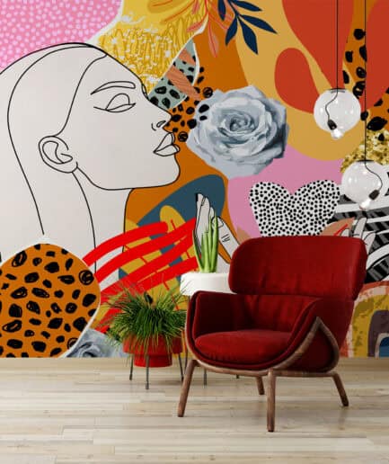 Pop-Art Tarzı Kadın ve Çiçek Kolajı – Enerjik Duvar Kağıdı
