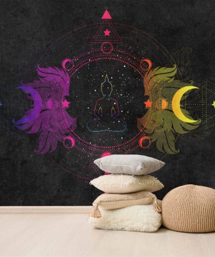 Mandala ve Meditasyon Temalı Renkli Spiritüel Duvar Kağıdı – Budha ve Çakra Enerjisi Tasarımı