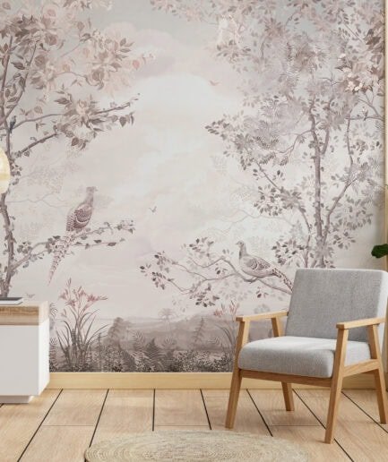 Kuşlu Doğa Desenli Duvar Kağıdı – Romantik ve Ferah Tasarım