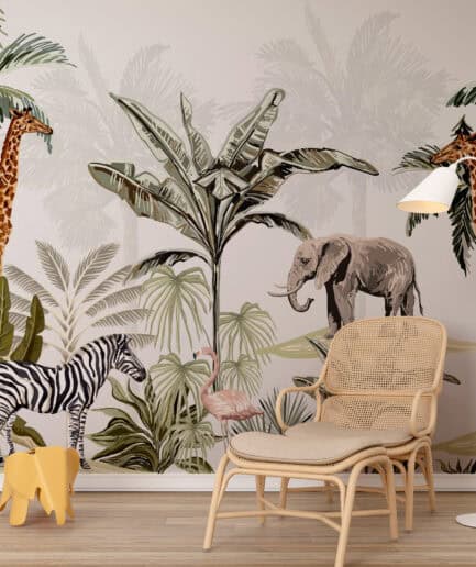 Tropikal Ormandaki, Zürafalar, Zebra, Fil ve Flamingo
