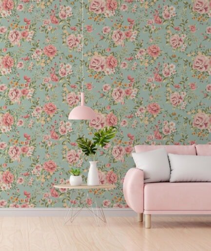 Turkuaz Zeminde Pembe Vintage Çiçekler