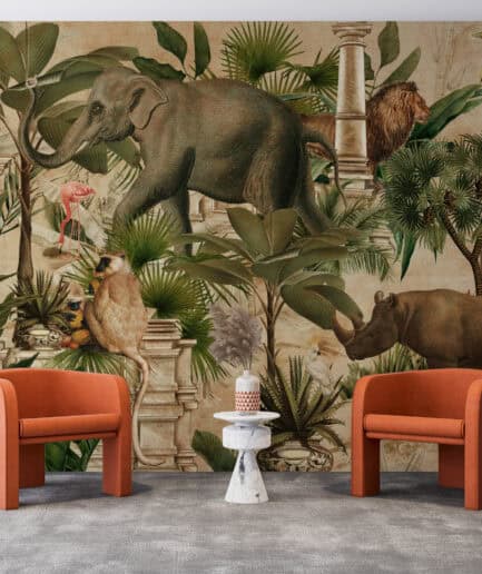 Vintage Safari Duvar Kağıdı – Egzotik Hayvanlar ve Tropikal Bitkiler