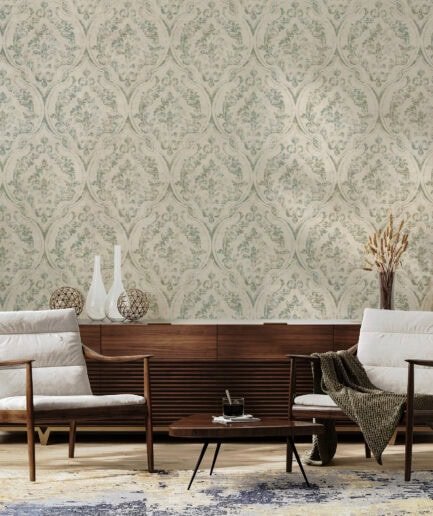 Vintage Yeşil Damask Desenli Duvar Kağıdı – Klasik Oval Motif