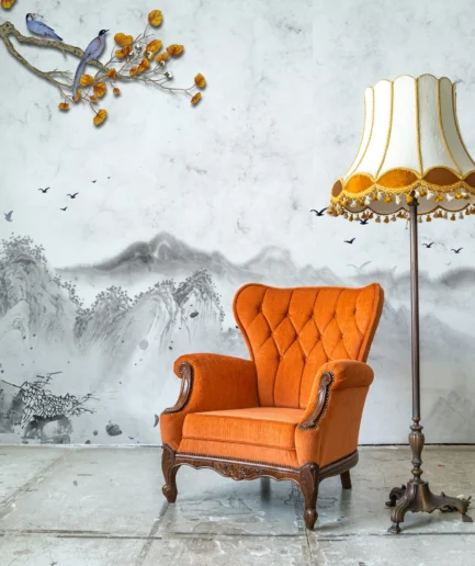 Doğu Stilinde Minimalist Manzara Duvar Kağıdı – Kuşlar ve Sakin Dağlar Temalı