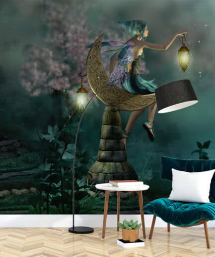 Peri ve Ay Temalı Fantastik Duvar Kağıdı – Masalsı Gece Manzarası Tasarımı