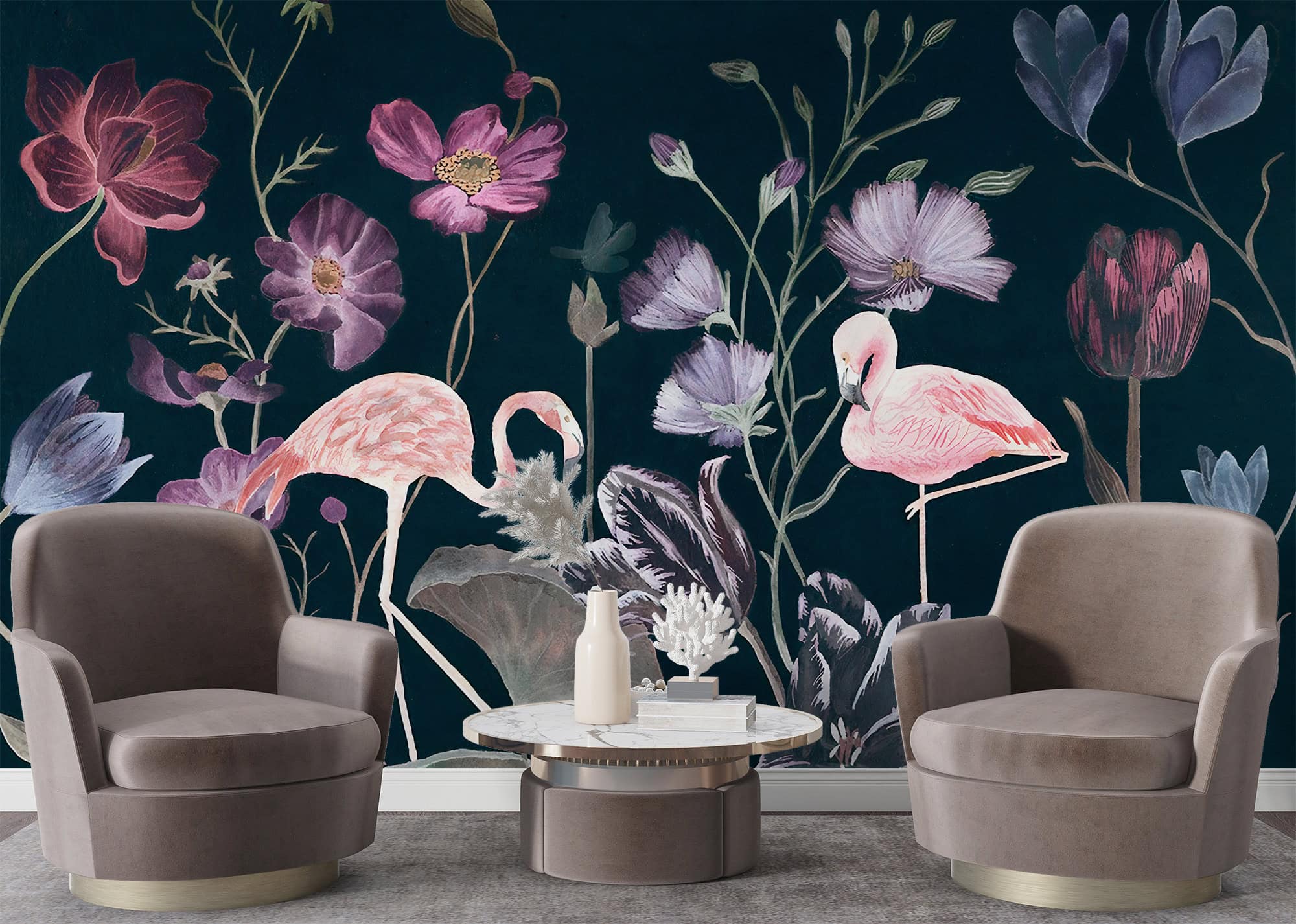 Flamingo Bahçesinde Gece Tropikal Duvar Kağıdı