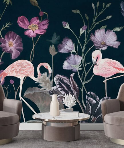 Flamingo Bahçesinde Gece Tropikal Duvar Kağıdı